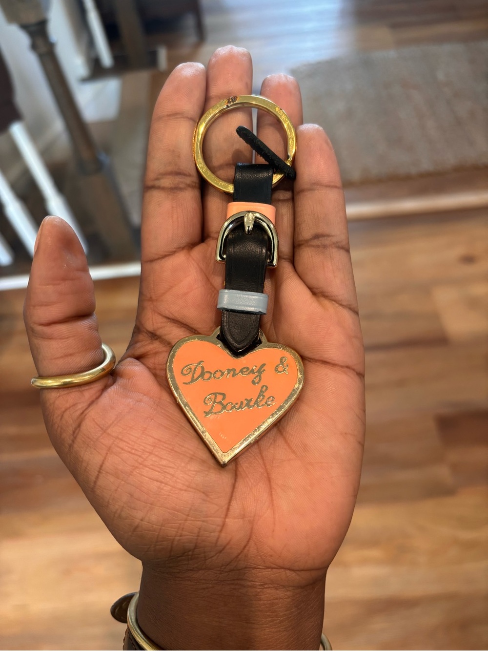 Vintage Dooney & Bourke Peach Heart Key Fob with Gold Trim and Black Strap